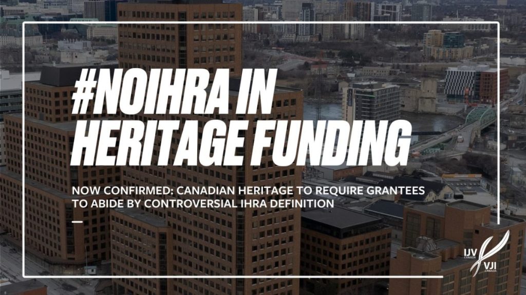 #NoIHRA in Heritage Funding in front of an aerial view of the Heritage Canada buildings